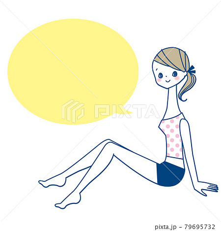 キャミソールとショートパンツ姿で座る横向きの若い女性の線画吹き出し付きのイラスト素材