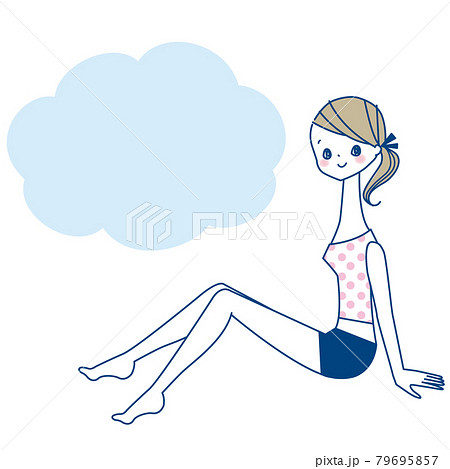 キャミソールとショートパンツ姿で座る横向きの若い女性の線画雲形吹き出し付きのイラスト素材