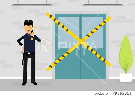 Man Police Officer or Policeman with Walkie Talkie Standing Near Scene of Crime Vector Illustration 79695913
