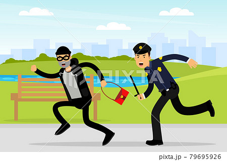 Man Police Officer or Policeman with Truncheon Chasing Thief Escaping with Stolen Handbag Vector Illustration 79695926
