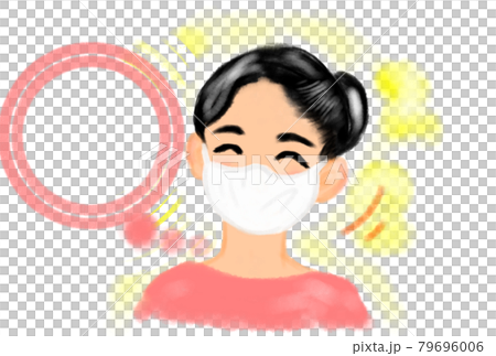 Illustration of a woman smiling even while wearing a mask. With speech bubble. Illustration of a woman smiling even while wearing a mask. With speech bubble. 79696006