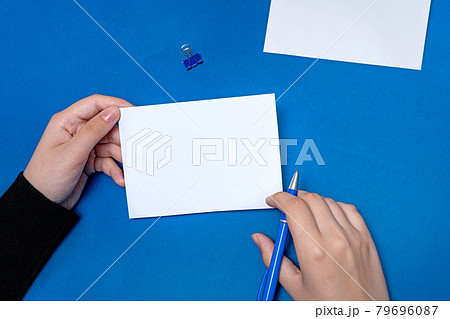 Woman Hand Holding Blank Notes Writing New Messege Updates Ideas. Lady Palm Showing Envelope Folding Sending Letters Post Address. 79696087