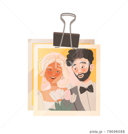 Happy Just Married Couple Faces on Photograph Hold by Binder Clip Vector Illustration Happy Just Married Couple Faces on Photograph Hold by Binder Clip Vector Illustration 79696088