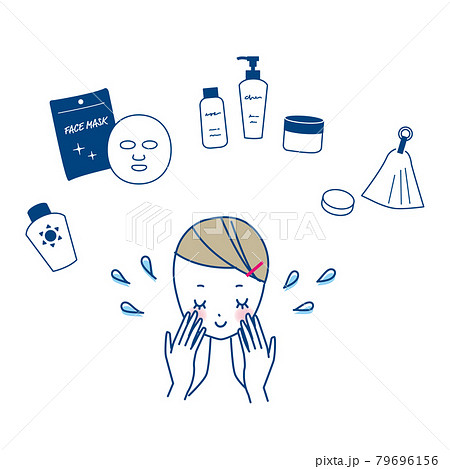 顔を洗う若い女性とスキンケアグッズのセット 79696156