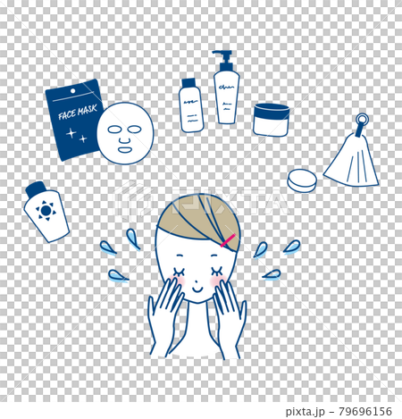 顔を洗う若い女性とスキンケアグッズのセット 79696156