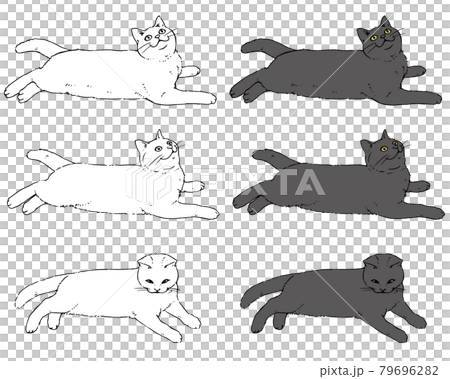 寝そべって獲物を狙う猫 リアル調01 線画のイラスト素材