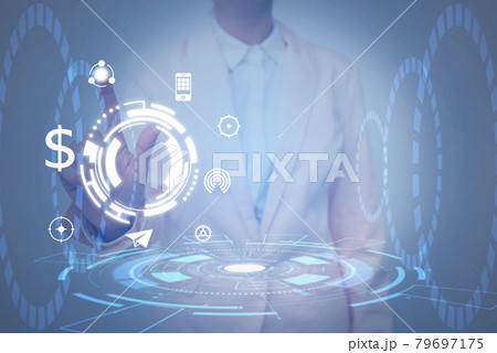 Lady In Uniform Side Standing Holding Tablet In Hand Virtually Toching On Screen. Bussiness Woman Carrying Tab Writing New Futuristic Technologies. 79697175