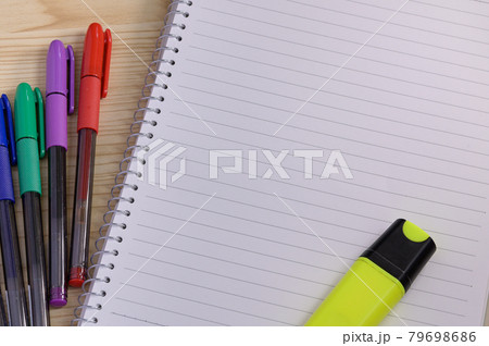 Multiple Assorted Collection Office Stationery Photo With Pens Pencils Notepads Notebook Ruler Stapler Scissors Clippers Paper Clips Holders Clipboard Placed Over Table 79698686