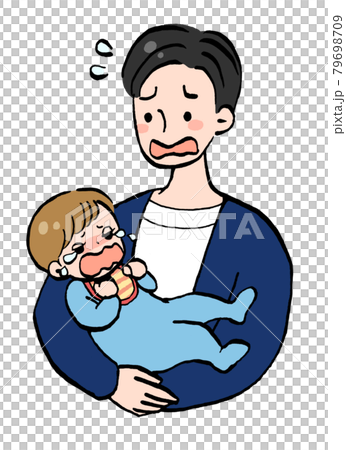 赤ちゃんが泣いて困っているお父さんのイラストのイラスト素材