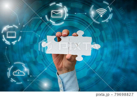 Hand Holding Jigsaw Puzzle Piece Unlocking New Futuristic Technologies. Palm Carrying Puzzles Part Displaying Solving Late Innovative Virtual Ideas. 79698827