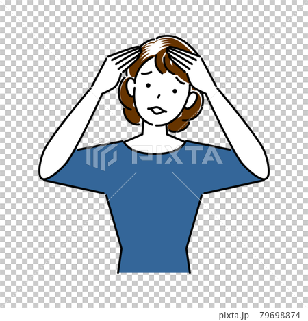 ヘアケア 頭頂部の薄毛と生え際の白髪が目立ってきて困り顔の可愛い女性 イラスト シンプル ベクター 79698874