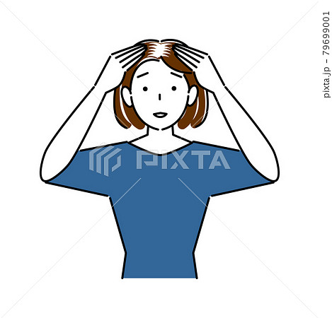 ヘアケア 頭頂部の薄毛と生え際の白髪が目立ってきて困り顔の可愛い女性 イラスト シンプル ベクターのイラスト素材