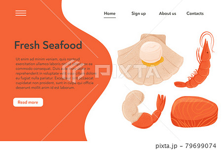 Fresh tasty seafood scallop, tuna steak and shrimp vector hand drawn landing page concept with space for text. Fresh tasty seafood scallop, tuna steak and shrimp vector hand drawn landing page concept with space for text. 79699074