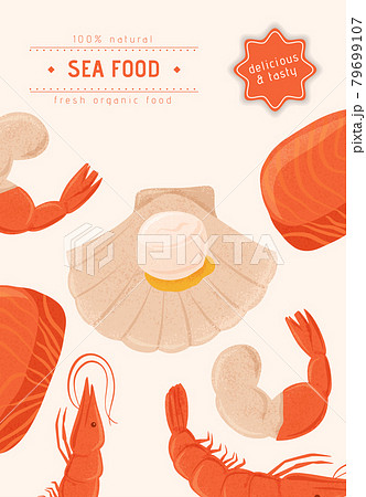Fresh tasty seafood scallop, tuna steak and shrimp vector hand drawn banner concept with space for text. Fresh tasty seafood scallop, tuna steak and shrimp vector hand drawn banner concept with space for text. 79699107