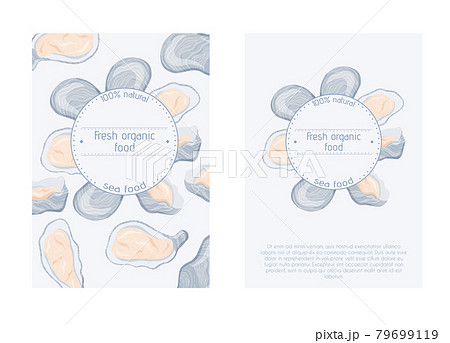 Fresh tasty seafood clams, oysters in seashells vector hand drawn poster concept with space for text. 79699119