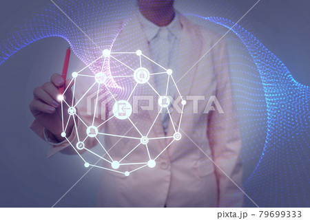 Lady In Uniform Side Standing Holding Tablet In Hand Virtually Typing On Screen. Bussiness Woman Carrying Tab Writing New Futuristic Technologies. 79699333