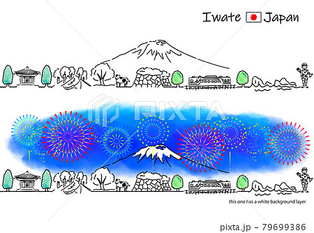 岩手の街並みと打上花火のシンプル線画セット 79699386