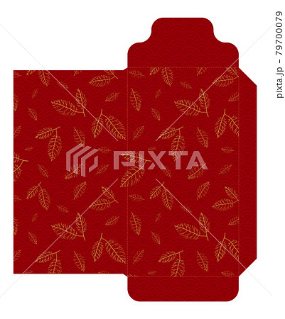 Money red and gold envelope packet 9x17 Cm. Chinese new year with golden leaves on red background. Envelope for greeting card 79700079