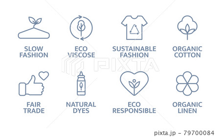 Sustainable clothes line icon set. Slow fashion logo. Eco viscose product badge. Organic cotton, natural dyes, renewable crops label. Fair trade. Conscious development. Vector illustration 79700084