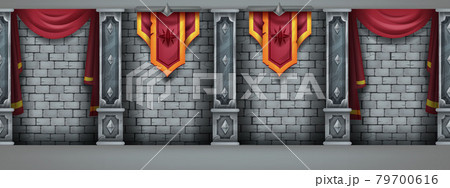 Stone castle wall background, brick medieval vector texture, palace interior illustration 79700616