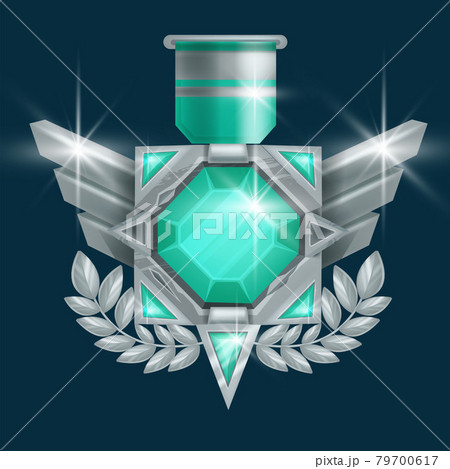 Game winner badge vector icon, UI rank award medal, silver trophy achievement, wings, green gemstone Game winner badge vector icon, UI rank award medal, silver trophy achievement, wings, green gemstone 79700617
