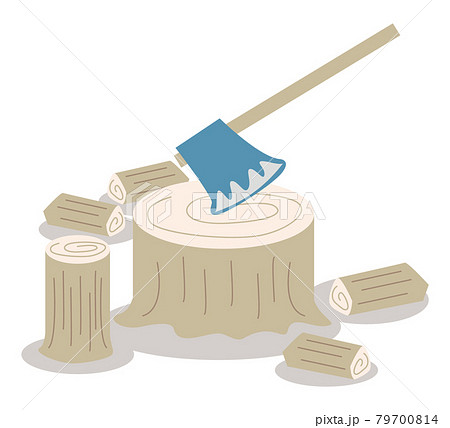 薪を割る斧と薪のアイソメのイラスト素材