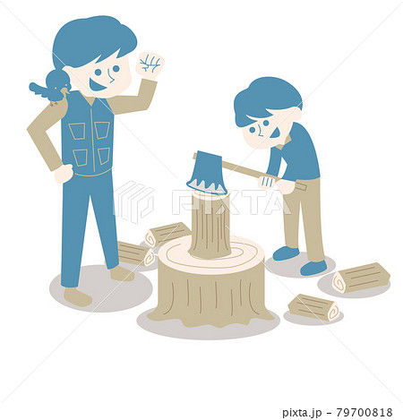 キャンプ場で薪割りをする親子のアイソメのイラスト素材 キャンプ場で薪割りをする親子のアイソメのイラスト素材