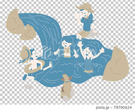 Isometric illustration of children enjoying playing in the river and their parents and dogs watching over them 79700824