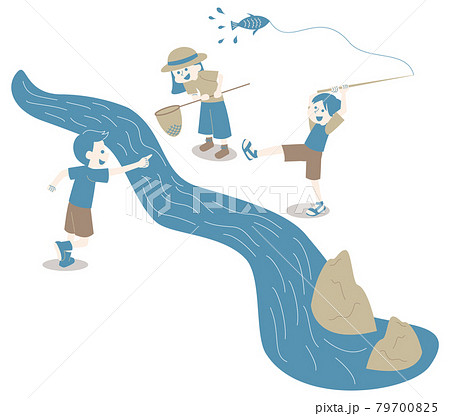 川で魚釣りを楽しむ子どもたちとお母さんのアイソメのイラスト素材