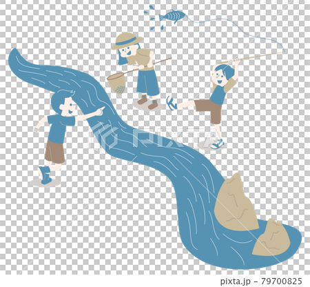 川で魚釣りを楽しむ子どもたちとお母さんのアイソメのイラスト素材