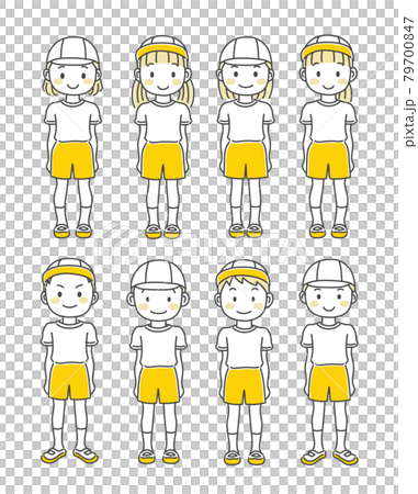 穿著運動服的男孩和女孩排成一排,全身 穿著運動服的男孩和女孩排成一排,全身 79700847