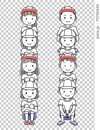 Boys and girls in gym clothes lined up in a sitting position 79700849