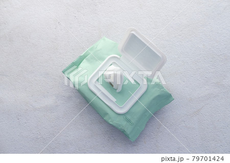 Cleansing wet wipes on table with copy space Cleansing wet wipes on table with copy space 79701424