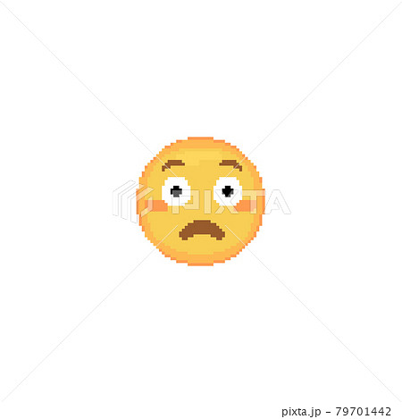 Pixel art Flushed Emoji face icon. Vector cute pixel Blushing emoticon. Embarrassed Emoji in retro pixel 8 bit style. Blushing shame emoji yellow face isolated icon. 79701442