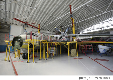 At the maintenance hall. Plane standing in aircraft fixture for repair. State Aircraft Repair Plant 410 79701604