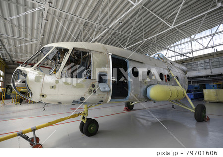 At the maintenance hall. Plane standing in aircraft fixture for repair. State Aircraft Repair Plant 410 79701606