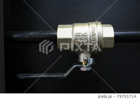 Ball valve placed on a stand. Plumbing equipment 79701714