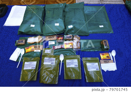 Military nutrition kit for soldiers, daily ration. Biscuits, canned food, coffee, sugar, honey salt chocolate packed 79701745