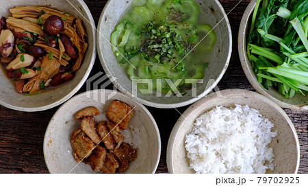 Frugal meal with vegetarian food, jackfruit,tofu skin cook with sauce, boiled vegetable 79702925