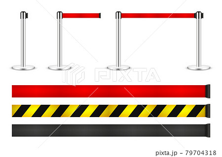 Realistic vector retractable belt stanchion. Crowd control barrier posts with caution strap. Queue 79704318