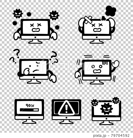 パソコンのキャラクターの故障やトラブルに関する表情セットのイラスト素材