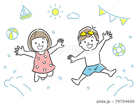 ベクターイラスト素材 プール 海でジャンプする子供たちのイラスト素材