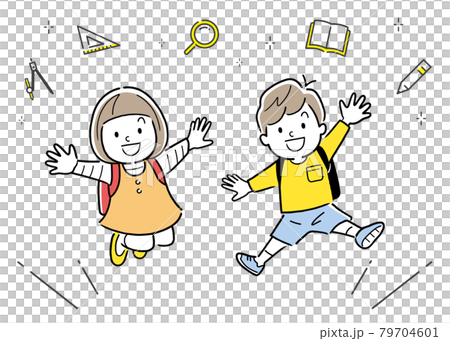 ベクターイラスト素材：ランドセルを背負ってジャンプする小学生の男女 79704601