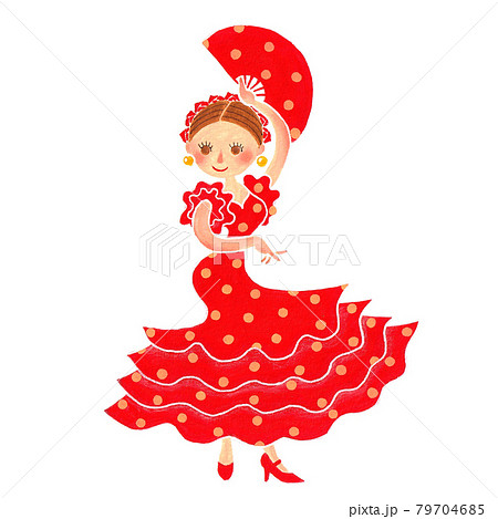 赤いドレスを着てフラメンコを踊る女性のイラスト素材