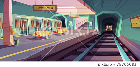 Empty subway platform with arriving trains 79705083