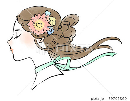 風が吹く花飾りをした女性の横顔の手描きイラスト カラー のイラスト素材