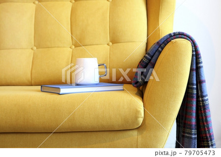 Cup of tea and blue book on yellow coach with blanket. Still life details in home interior of living room. Cozy home interior, home comfort concept, gender free interior. Modern interior in the living Cup of tea and blue book on yellow coach with blanket. Still life details in home interior of living room. Cozy home interior, home comfort concept, gender free interior. Modern interior in the living 79705473