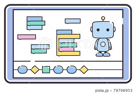 タブレットでロボットのプログラミング学習をするイラストのイラスト素材