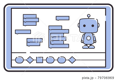 タブレットでロボットのプログラミング学習をするイラストのイラスト素材