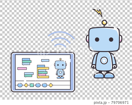 タブレットでロボットのプログラミング学習をするイラストのイラスト素材